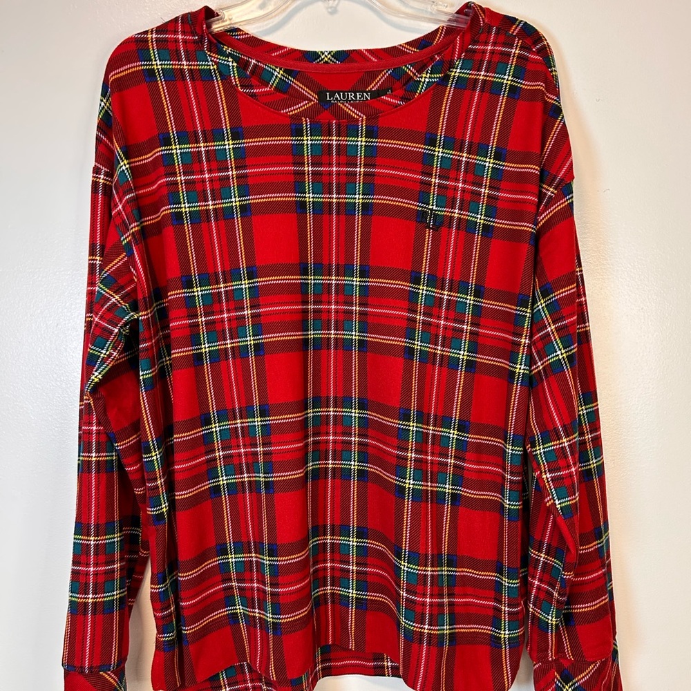 Lauren Ralph Lauren women's pajama top long sleeve red plaid pattern Size Large